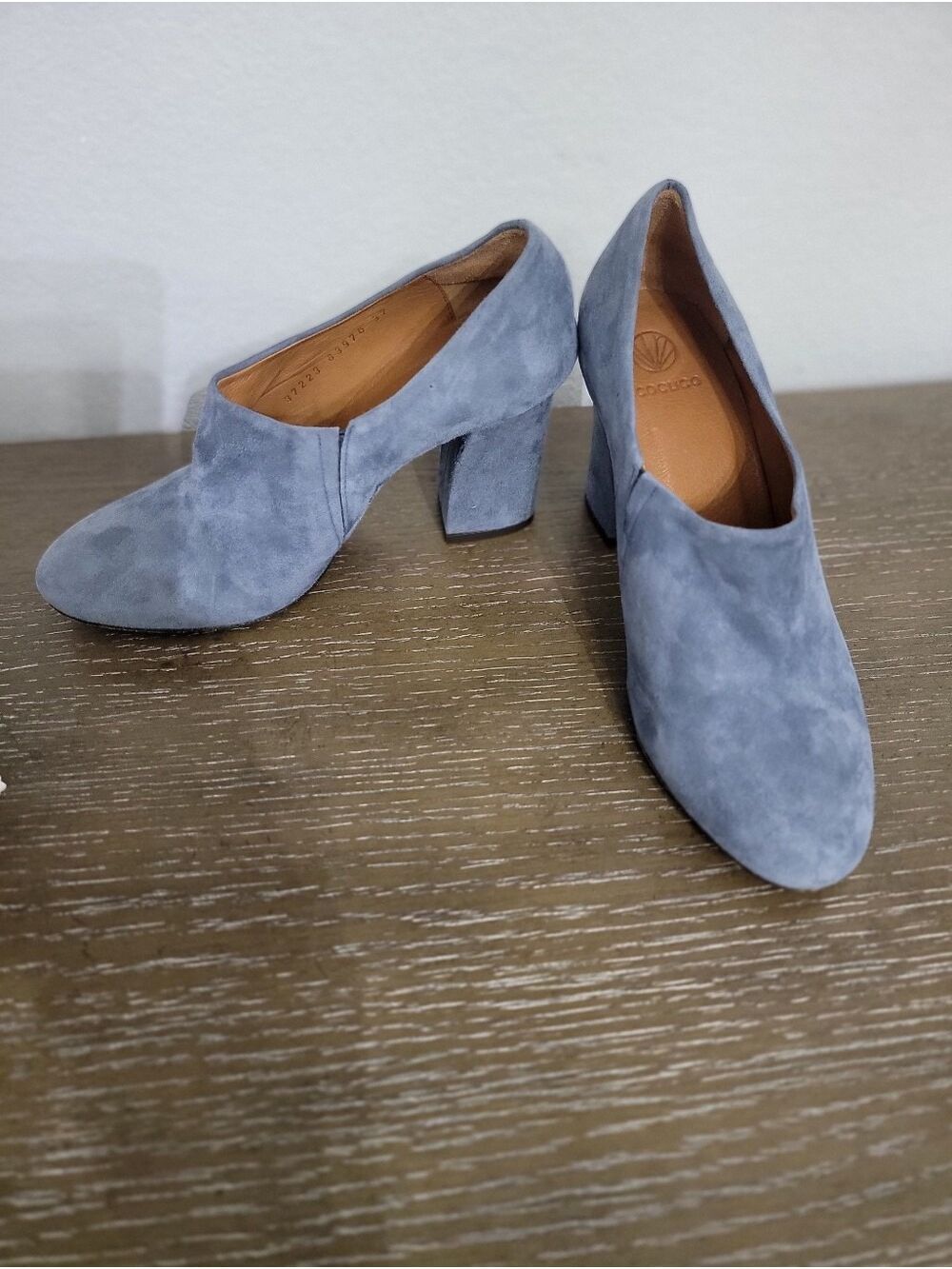 COCLICO Slate Blue Suede Mid Block Heel Pumps Size 37 6.5